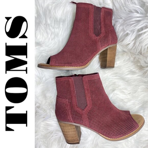 TOMS Majorca Peep Toe Burgundy Red Suede Perforated Ankle Bootie, Size 8.5 - Picture 10 of 10